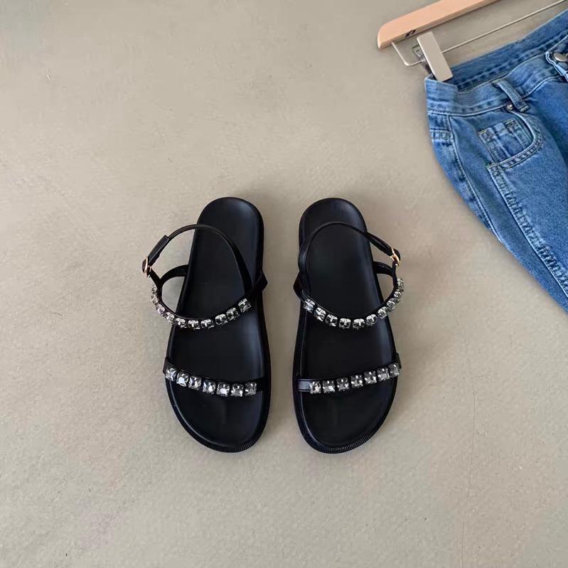 Giày sandal nữ hai quai mảnh đính đá đế cao su dẻo cao 3cm phong cách tiểu thư sang chảnh