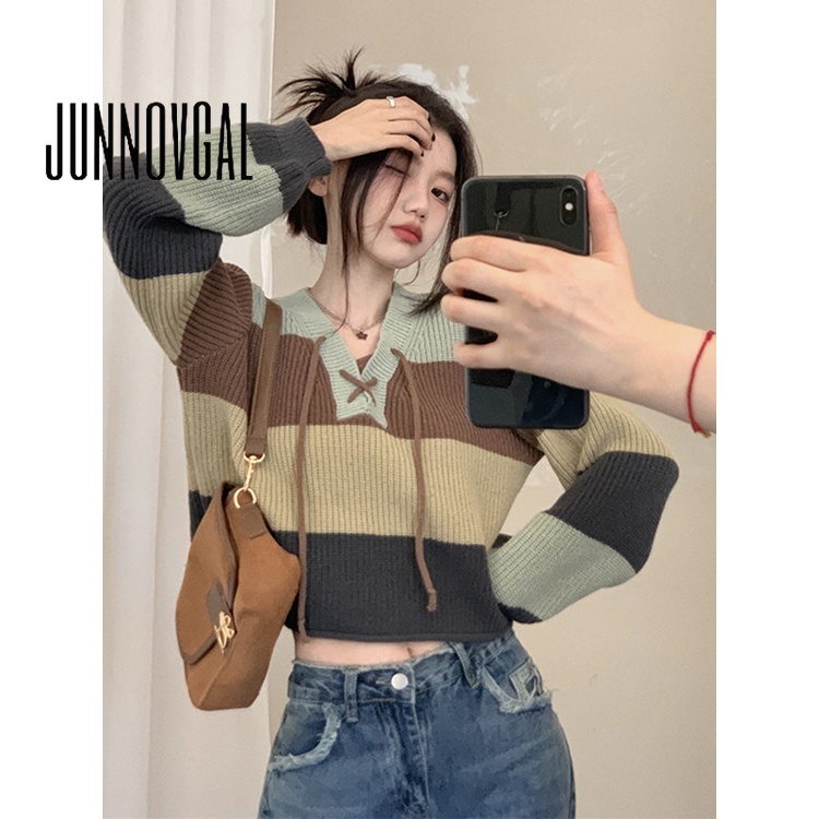 Junnovgal Áo Sweater Cổ Chữ v Tay Dài Dáng Ôm Phối Màu Tương Phản Thời Trang 2023