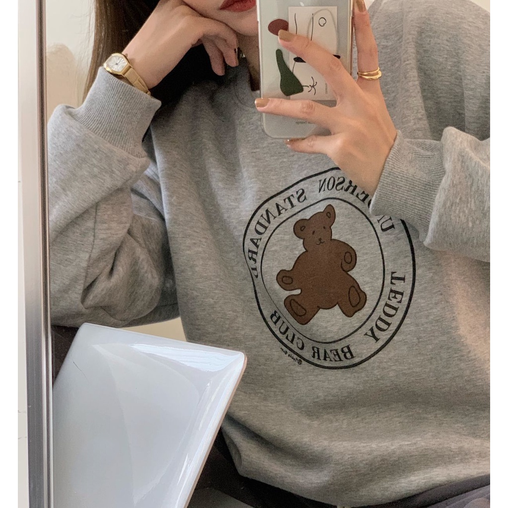 Áo sweater Tay Dài Dáng Rộng In Hình Gấu Dễ Thương Thời Trang Thu Đông Cho Nữ