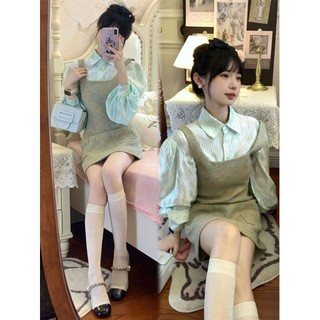 Set Áo Sơ Mi Tay Dài Phồng Kèm Váy Yếm Ngọt Ngào Cho Nữ