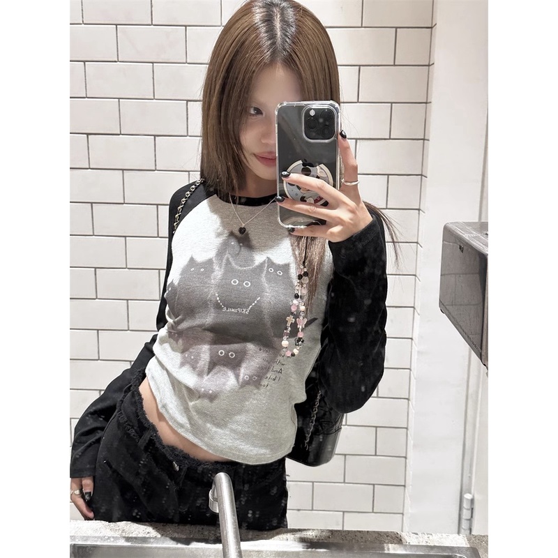 Áo Thun Tay Dài Dáng Ôm In Hình Mèo raglan Màu Sắc Tương Phản Thời Trang Mùa Thu Cho Nữ