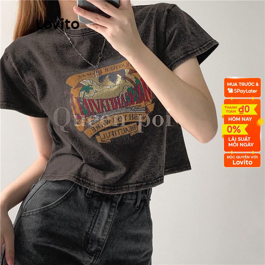 Áo thun LOVITO Back To School in phong cảnh vintage thường ngày dành cho nữ LNA02098 (màu xám đậm)