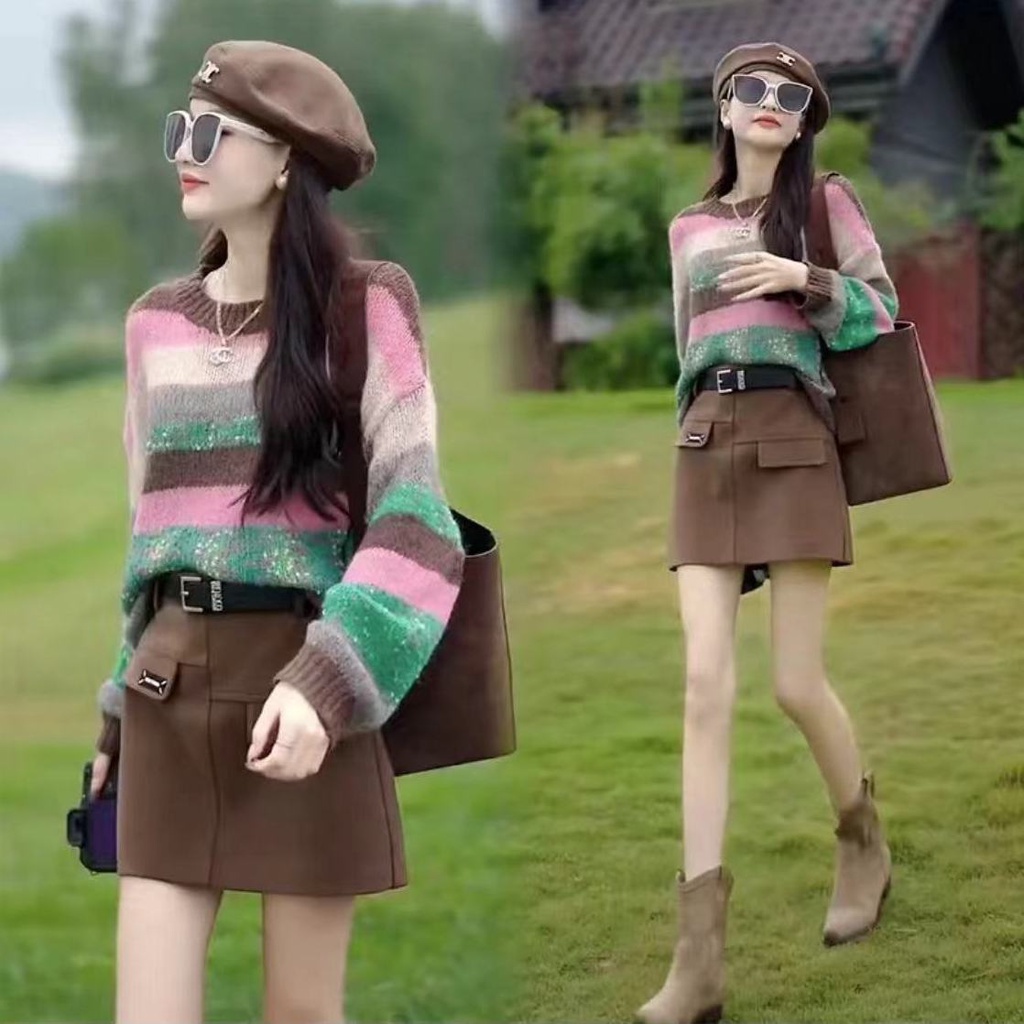 Áo sweater Dáng Rộng Màu Tương Phản Thời Trang Thu Đông 2023 Cho Nữ