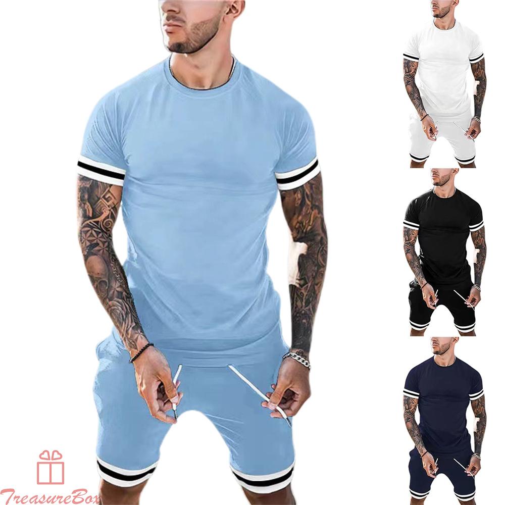 Tops+Pants For Men Gym Loose Men\'s Outfit Outfits Shorts Set Solid Color