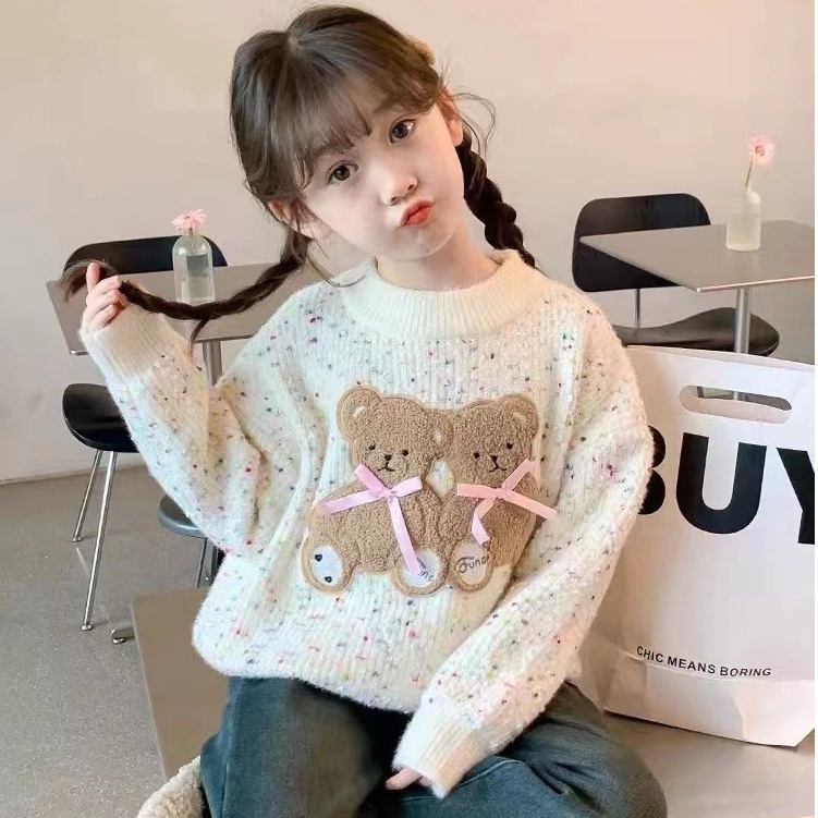Áo len kiểu bé gái xuất Hàn, Áo len lông thỏ cho bé 4-10 tuổi đáp hình và đính nơ nhiều màu đanh sợi không bai xù