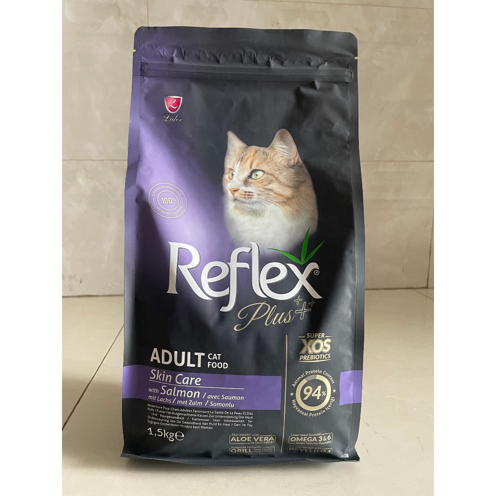 Thức ăn hạt reflex plus cho mèo lớn và mèo con gà, cá hồi, tiêu búi lông, Reflex PLUS 0.5kg và 1.5kg