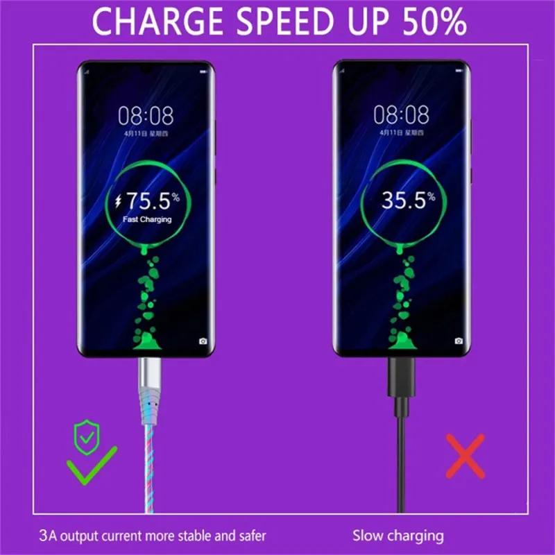 Dây Cáp Sạc Nhanh micro usb type c 3a Có Đèn led Phát Sáng Cho iphone samsung xiaomi oppo huawei