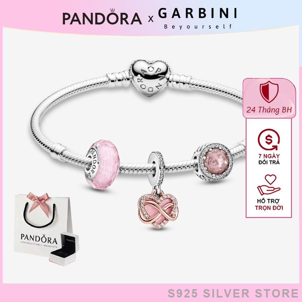 Vòng tay pandora bạc mix charm fullbox bạc S925, lắc tay bạc pandora kèm charm chủ đề tình yêu vĩnh cửu - Garbini