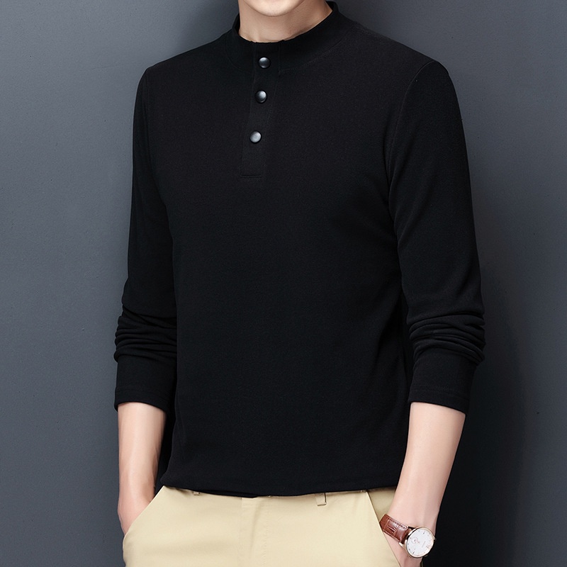 Áo Thun polo Hai Lớp Tay Dài Bằng Vải Nhung 4 Màu Trơn Giữ Ấm Kiểu Cổ Điển Thời Trang Công Sở Cho Nam