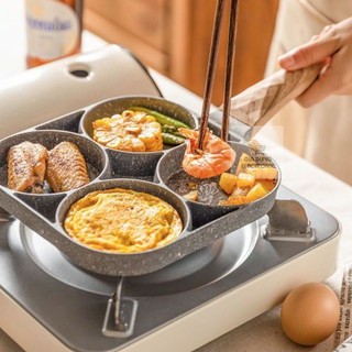 Chảo đá chia ô 4 ngăn chiên dán đa năng chống dính tốt, chảo cán gỗ chia 4 ô làm bánh - gia dụng electronic
