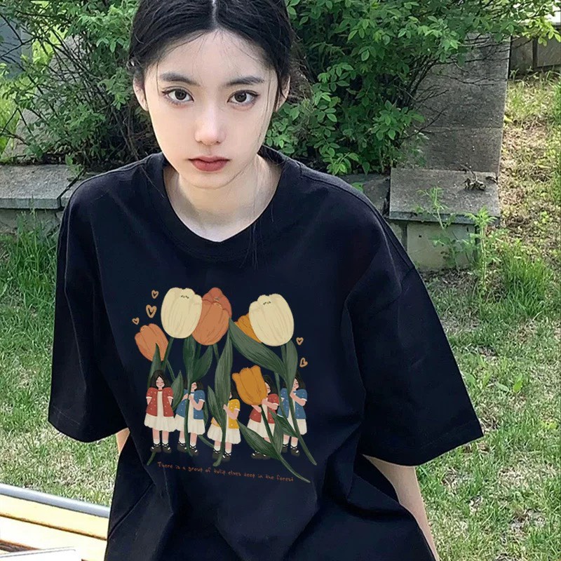 Áo thun nữ form rộng Guguno cotton cổ tròn in basic (A)