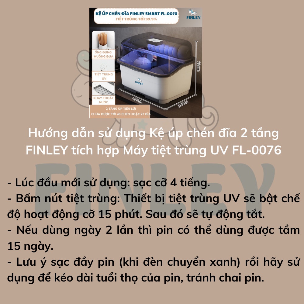 Kệ úp chén đĩa, bình sữa có nắp đậy 2 tầng FINLEY Smart tiệt trùng UV diệt khuẩn, kệ úp bát ly có khay hứng nước