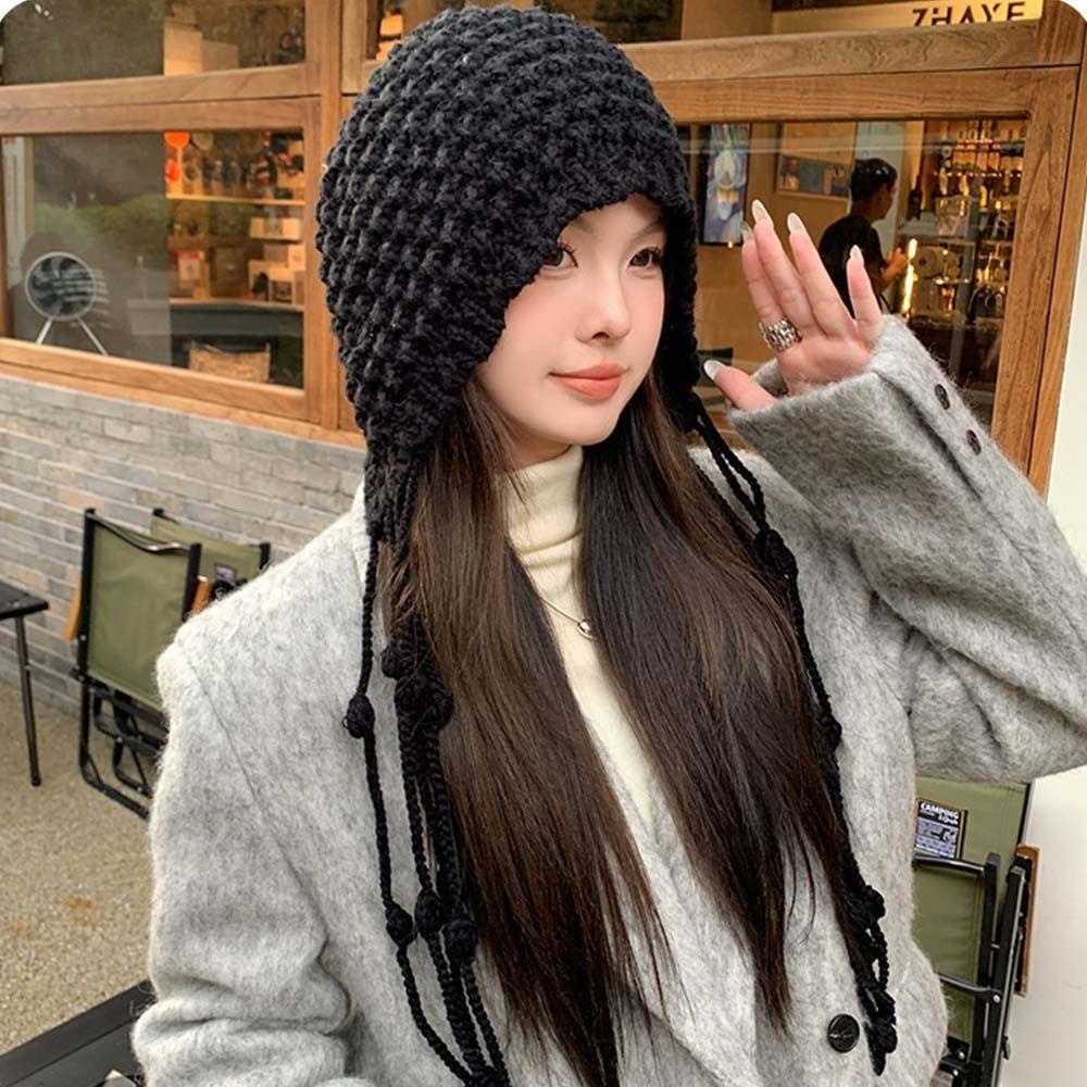 Mũ beanie Dệt Kim Tua Rua Đính Đá Phong Cách Hàn Quốc Bảo Vệ Tai Mừng Năm Mới