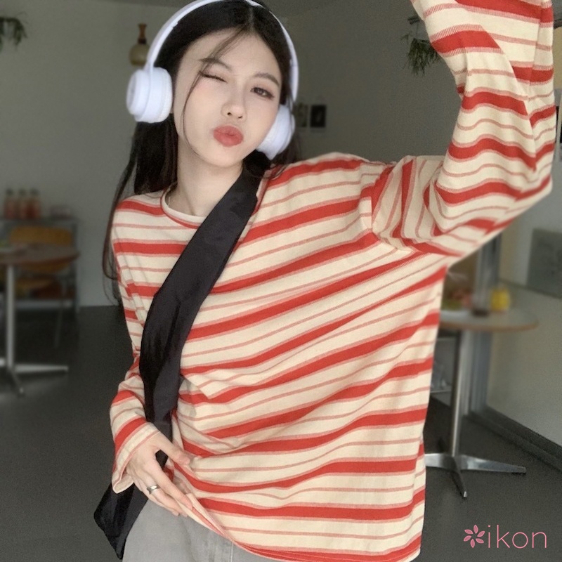 Áo Thun Tay Dài Cổ Tròn Họa Tiết Kẻ Sọc Màu Tương Phản Dành Cho Nữ