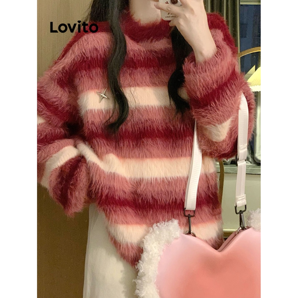 Lovito Áo len colorblock trơn thông thường cho nữ LNA31005 (Màu đỏ)