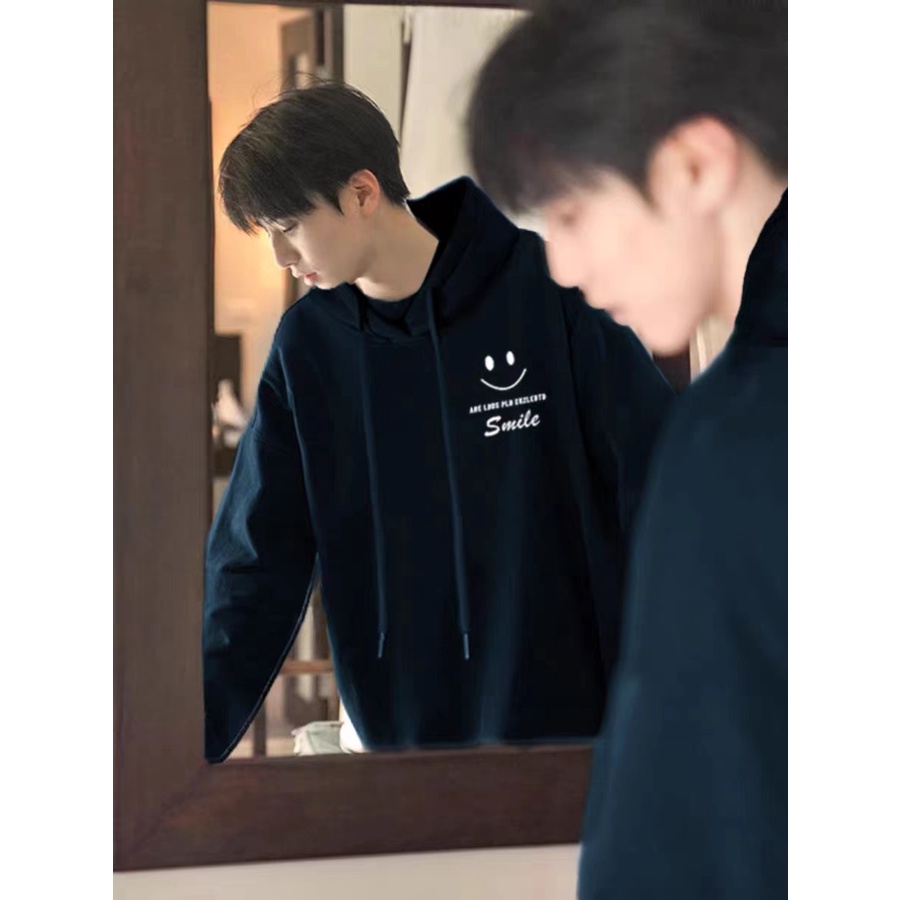 Áo Hoodie Nhung Dày Dặn In Hình Mặt Cười Màu Bạc Phong Cách hong kong Thời Trang Thu Đông Mới Cho Nam Và Nữ