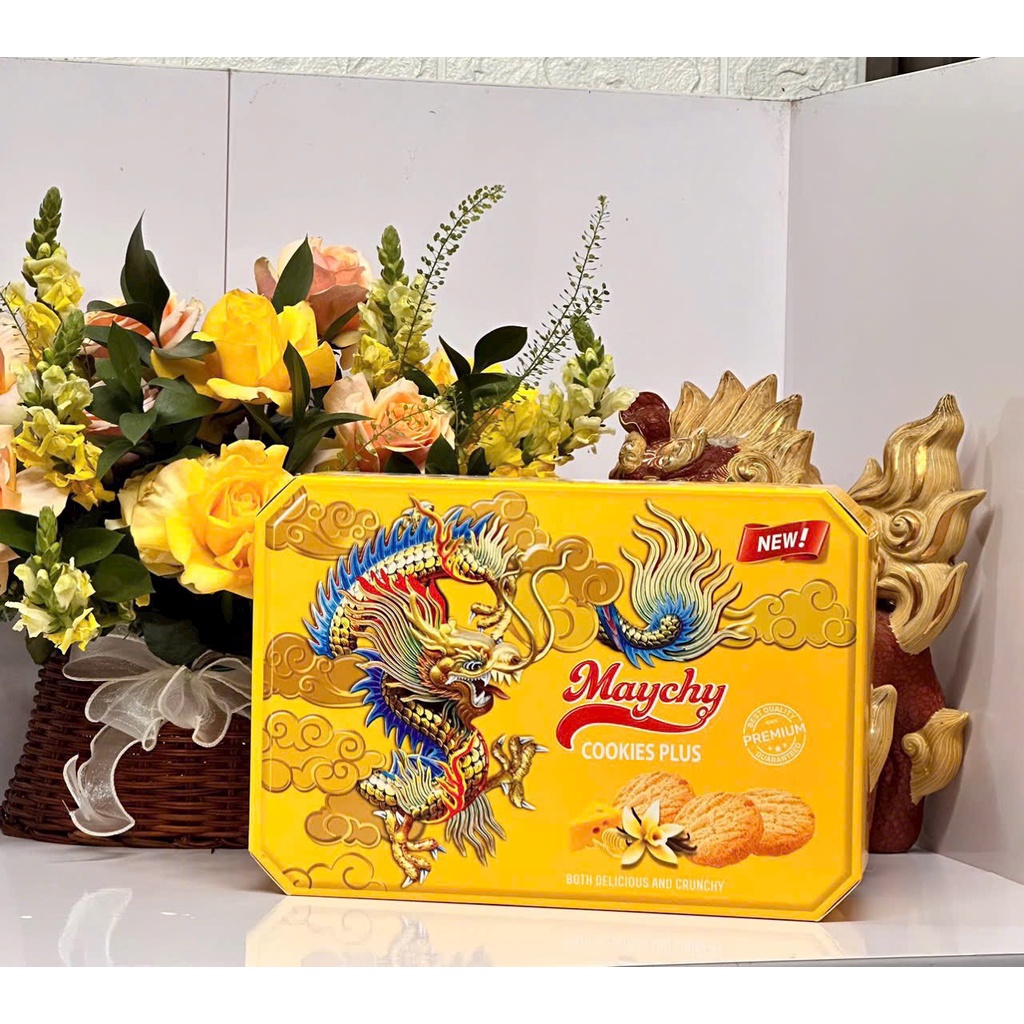 Hộp 500g bánh quy bơ chữ nhật Maychy hình rồng - 3 màu xanh đỏ vàng