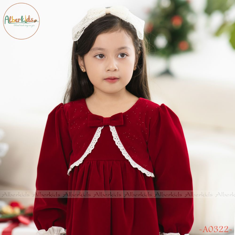 Váy bé gái tay ren cổ nơ nhung ALBERKIDS công chúa xinh đẹp cho trẻ em 2,3,4,5,6,7,8,9,10,11,12 tuổi A0322