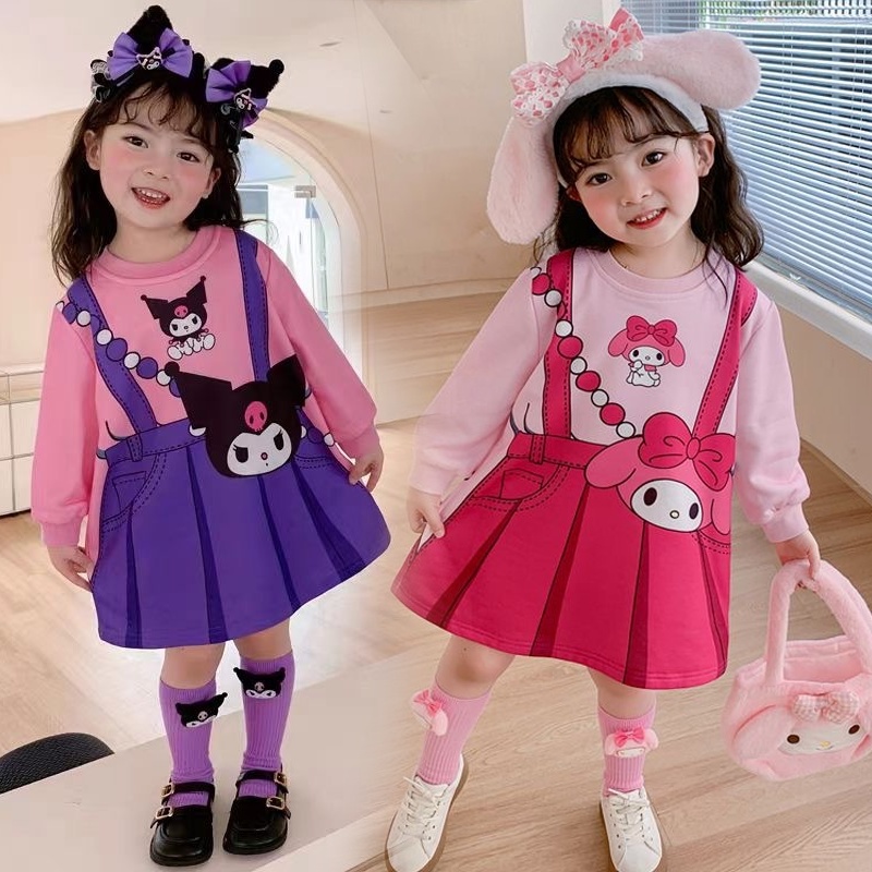 Kuromi Bộ Đầm Hóa Trang Công Chúa sanrio Tay Dài Màu Tím Hồng Dành Cho Bé Gái