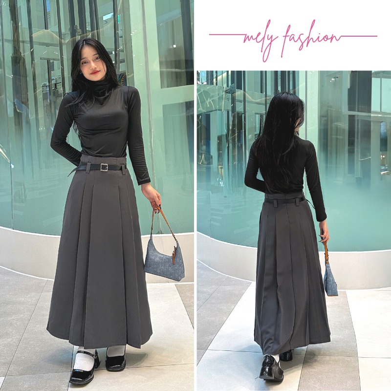 Chân váy hạ ly Midi dáng dài Ulzzang có túi xếp ly bản to xòe chữ A có Bigsize phong cách douyn Vintage y2k CV81