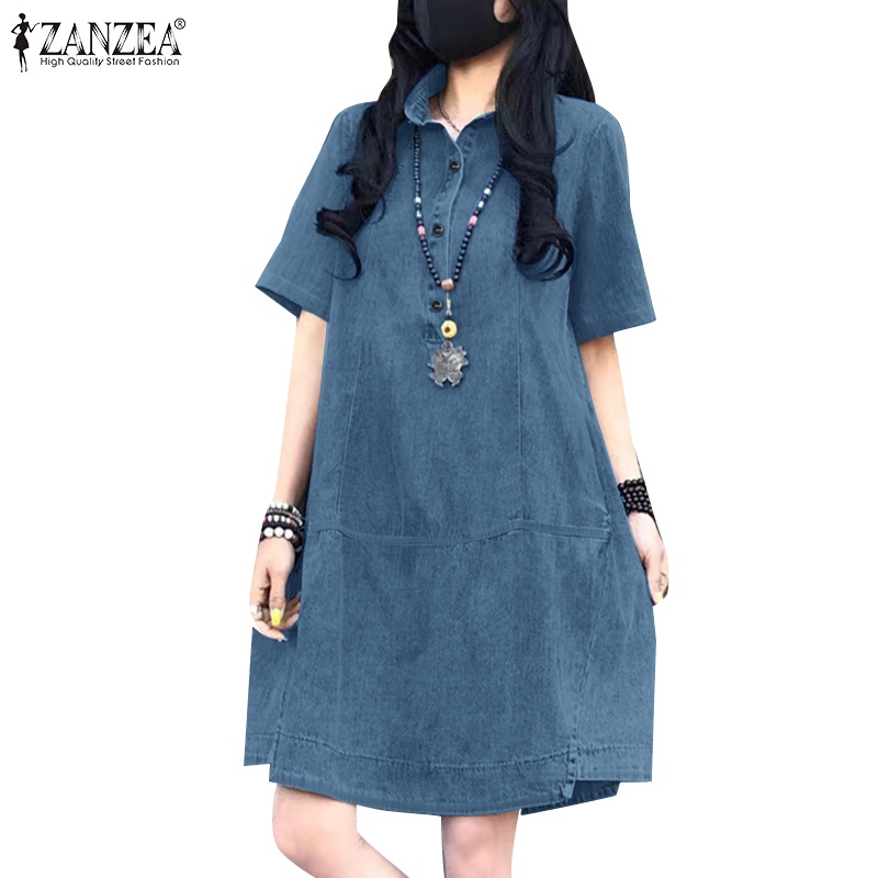 Đầm denim ZANZEA tay ngắn dáng rộng cài nút trước thời trang cho nữ | BigBuy360 - bigbuy360.vn