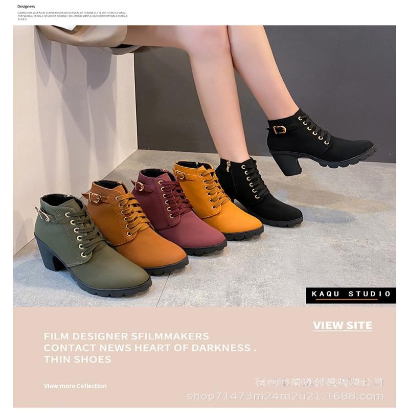 Giày Bốt Cao Gót Mũi Tròn Buộc Dây Thời Trang Mùa Thu Cho Nữ