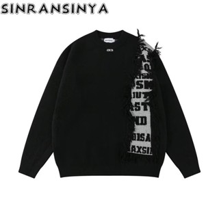 Sinransinya Áo sweater Tay Dài Cổ Tròn Không Đối Xứng Mềm Mại Và Dính Viền Ngọt Ngào Phong Cách retro Đường Phố Mỹ Cho Nam