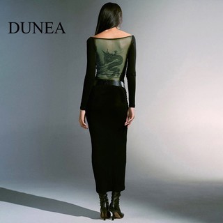 DUNEA Đầm Tay Dài Phối Lưới In Hình Rồng Quyến Rũ Cho Nữ