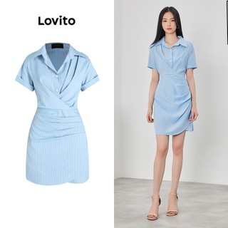 Đầm Lovito xếp nếp thắt nút kẻ sọc thường ngày cho nữ L62ED134 (Màu xanh dương)
