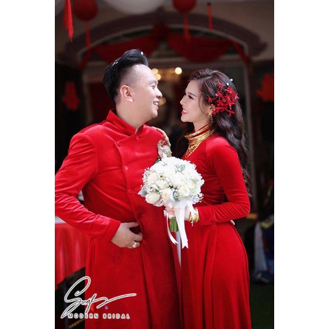 Áo dài Nhung cách tân nam truyền thống sẵn màu đỏ đô xanh dự tiệc cưới lễ tết đẹp