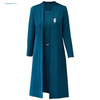 Set Đầm Màu Trơn Và Áo Khoác Cardigan Dáng Dài Không Tay Cổ Tròn Màu Sắc Thanh Lịch Thời Trang Xuân Thu Cho Nữ Trung Niên