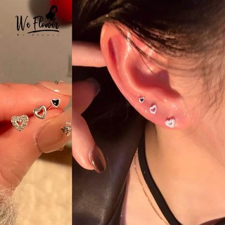 Bộ 3 Bông Tai Mạ Bạc 925 Hình Trái Tim Đính Đá Đen / Hoa we flower Phong Cách Hàn Quốc Cho Nữ