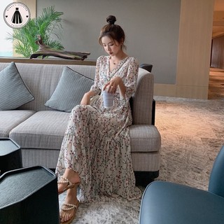 Váy hoa cổ tích cổ chữ V HORMOO Pháp, váy dài eo tươi mát và giảm tuổi