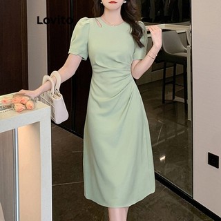 Đầm Lovito xếp nếp cắt xẻ màu trơn phong cách thường ngày cho nữ LNE37387 (Xanh lá/Đen)