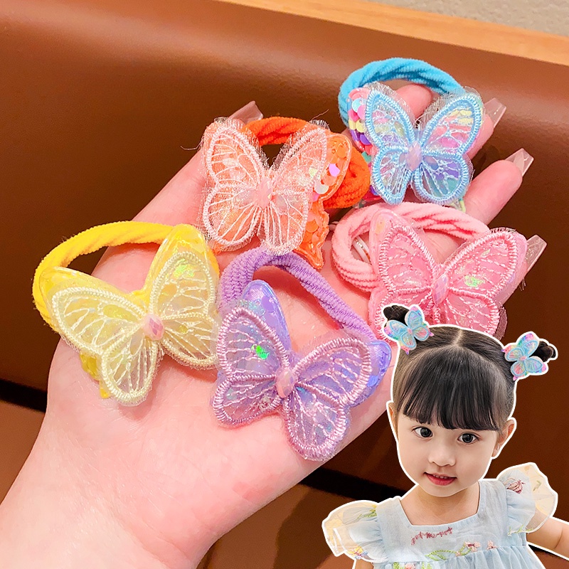 Set 2 Cặp Dây Buộc Tóc Cao Su Co Giãn Hình Bướm Hoạt Hình Phong Cách Hàn Quốc Cho Bé Gái