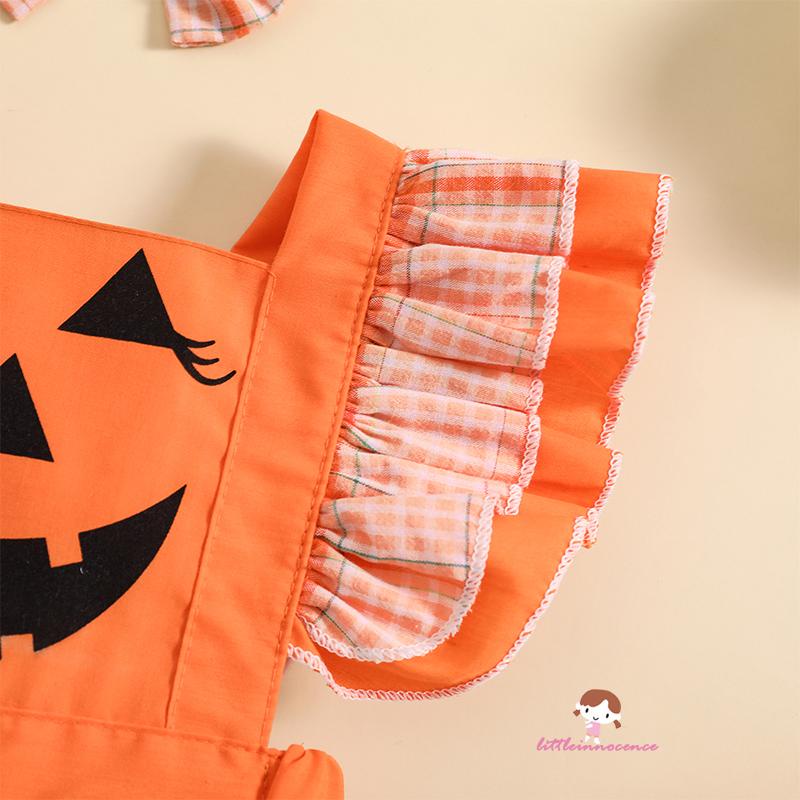 Bộ Đầm Liền Thân Tay Bèo Họa Tiết Bí Ngô Kèm Băng Đô Phong Cách halloween Cho Bé Gái