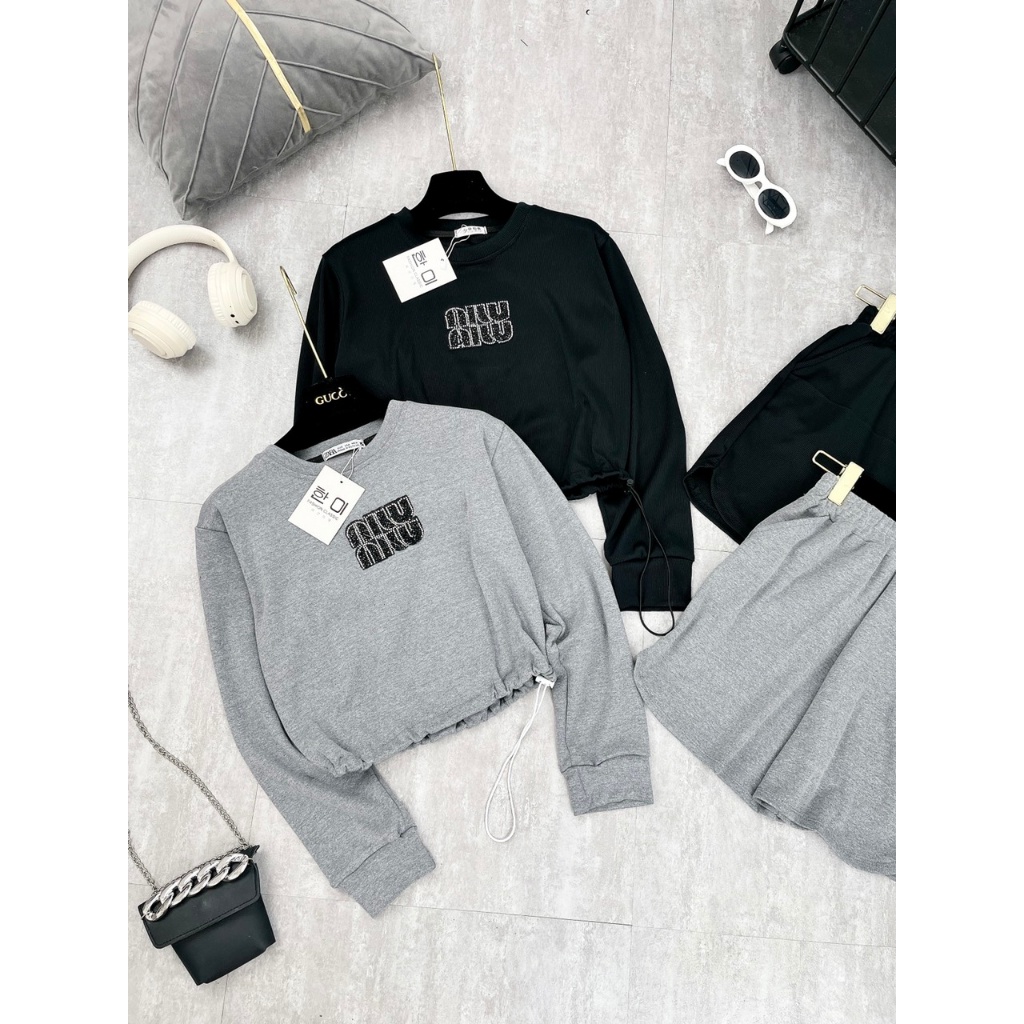 Sét áo cortop tay dài mix quần đùi chữ đá nổi sịn đét TN655CCC