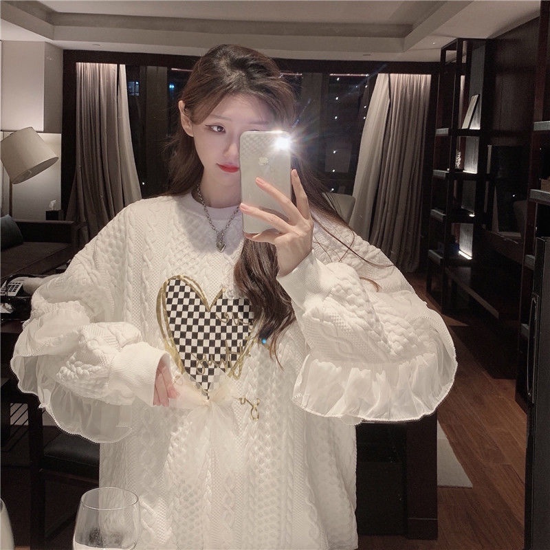 Uiowoo Áo Khoác sweater Tay Dài Dáng Rộng In Hình Trái Tim Phong Cách retro Thu Đông 2021 Cho Nữ