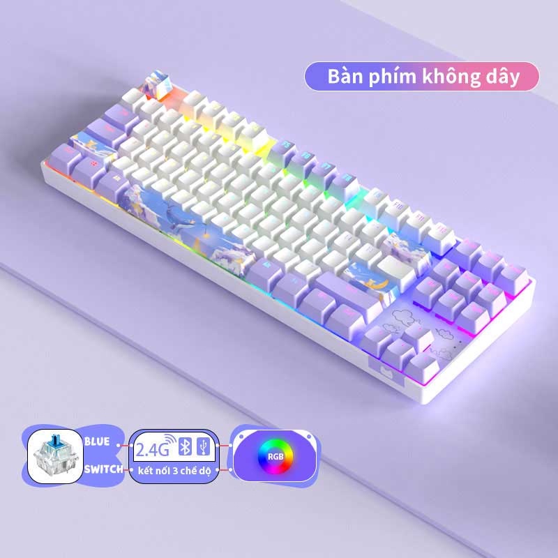 Bàn Phím Cơ Gaming Không Dây 2.4G/Bluetooth BASIC KB13 87 Phím Màu Tím/xanh/hồng,có đèn RGB，3 Chế độ Kết Nối
