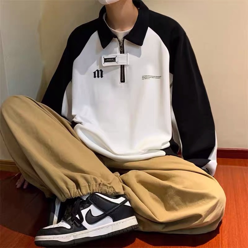 Áo nỉ sweater polo cho nam và nữ , phối màu đen trắng thêu chữ M kiểu dáng unisex 2023 EA096 Meme