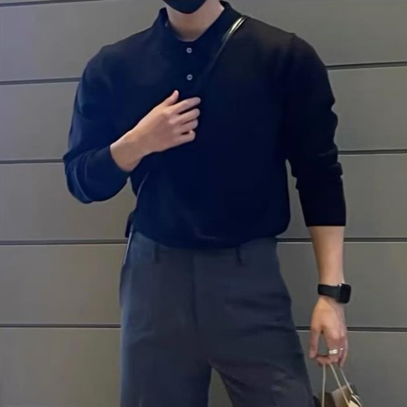 Áo Thun polo Dệt Kim Tay Dài Màu Sắc Đơn Giản Phong Cách retro Nhật Bản Cho Nam Giới