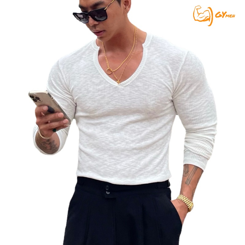 Áo Thun Thể Thao Tay Dài Cổ Chữ v Màu Sắc Đơn Giản Cho Nam  Áo sơ mi đáy sọc slim fit