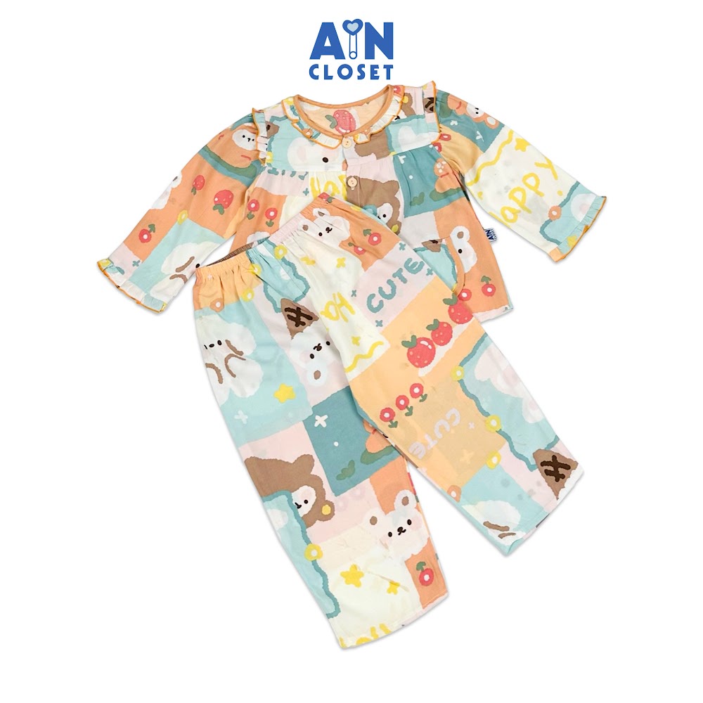 Bộ quần áo Dài bé gái họa tiết Gấu Happy Cam lanh lụa - AICDBGHEQMKM - AIN Closet