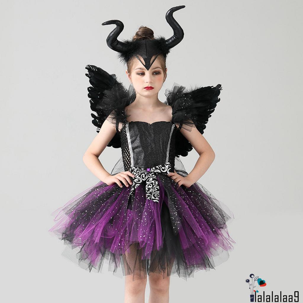 La-kid Đầm Hóa Trang Phù Thủy Sát Nách Phối Lưới Rỗng + Băng Đô + Găng Tay + Khăn Choàng Cho Bé Gái