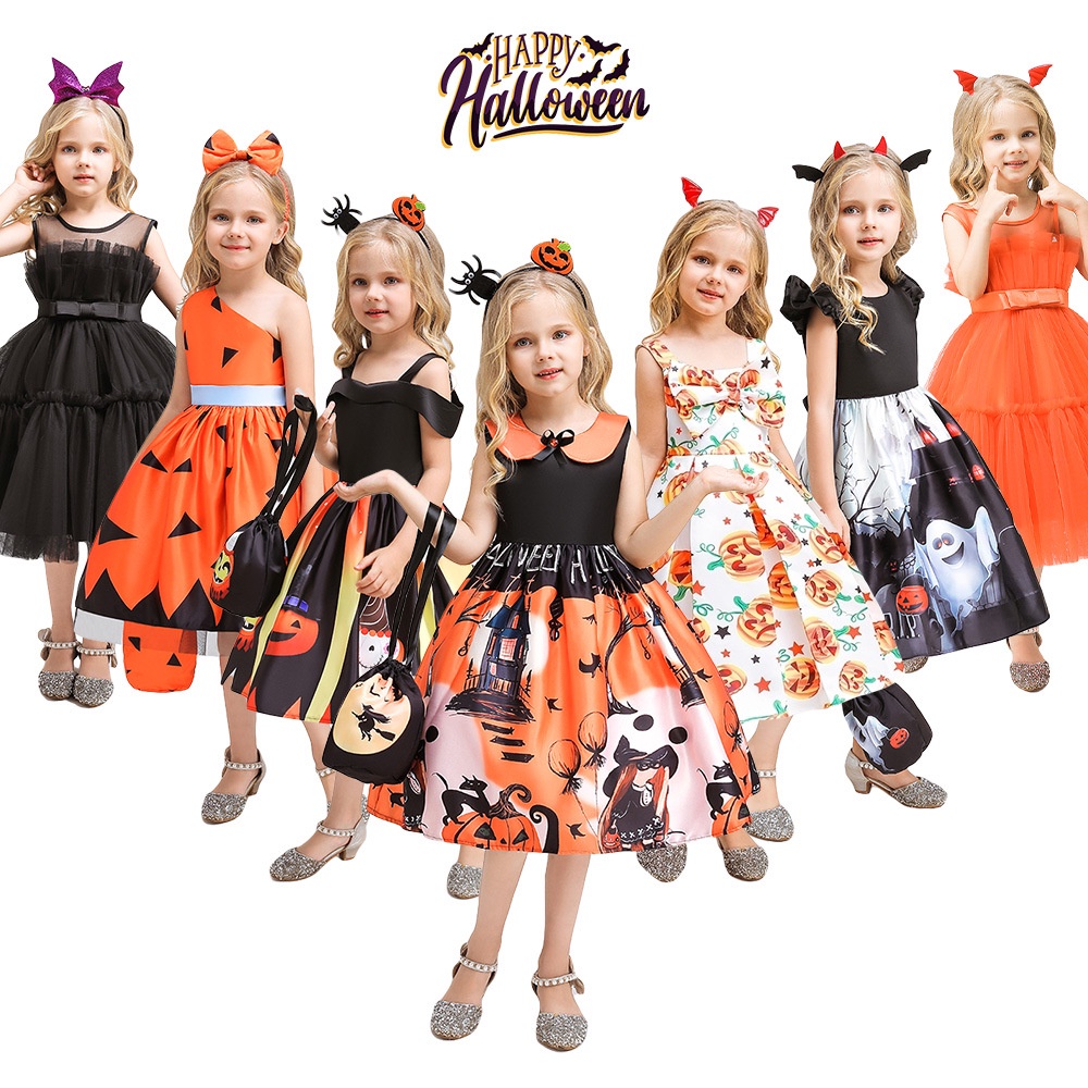 Đầm Hóa Trang halloween Hình Bí Ngô Kèm Túi Và Nón Cho Bé Gái