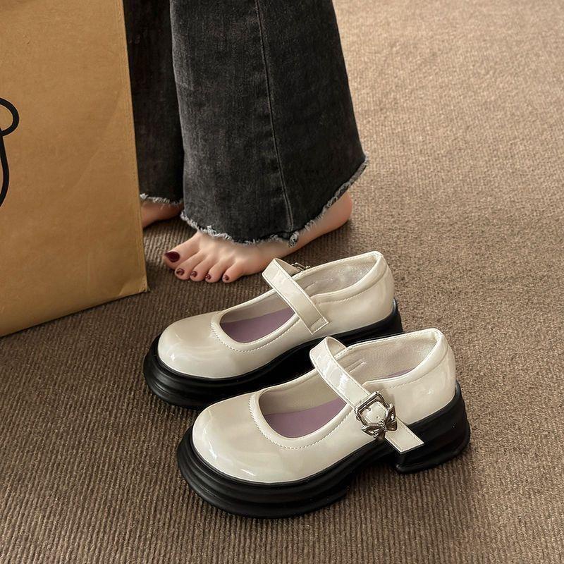 BẠCH LỘC ĐẠI NHÂN✨ Giày Cao Gót Mũi Tròn Bằng Da Phong Cách retro Nhật Bản