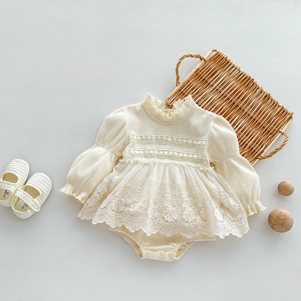 Bộ Áo Liền Quần cotton Tay Dài Phối Ren Kiểu Công Chúa Thời Trang Mùa Thu 2023 Cho Bé Sơ Sinh