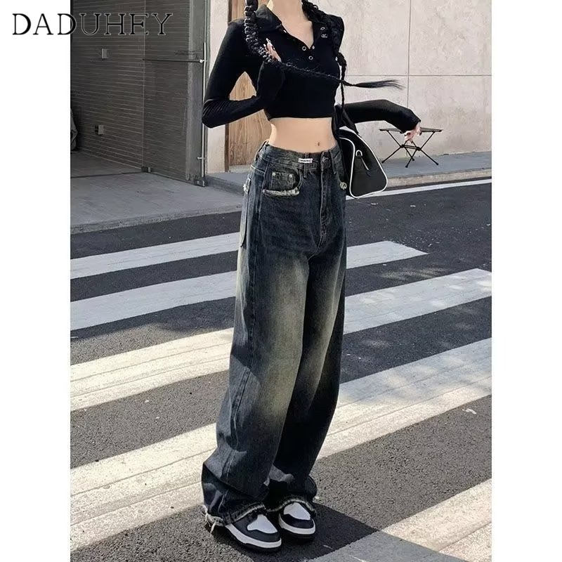 Quần jeans DADUHEY lưng cao ống rộng phong cách đường phố Mỹ cổ điển thời trang cao cấp