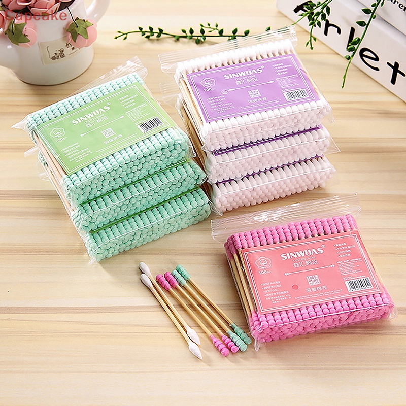 Set 100 Tăm Bông cotton Hai Đầu Dùng Trang Điểm / Trang Điểm / Mũi / Tai Chăm Sóc Sức Khỏe Cho Nữ erw