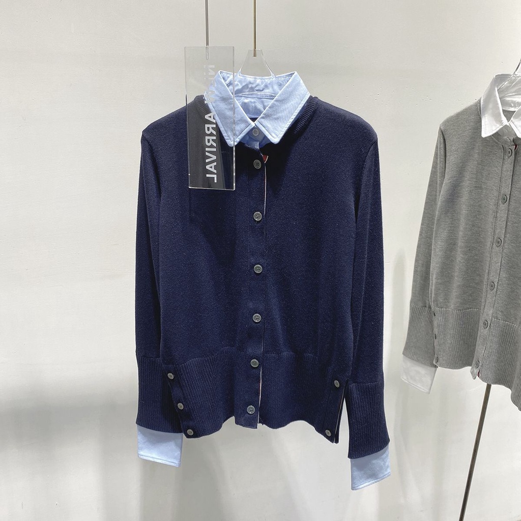 MVDM Thom Browne college style two-piece spring clothes 2023 new fashionable lapel shirt fake two-piece aging slim knit cardigan